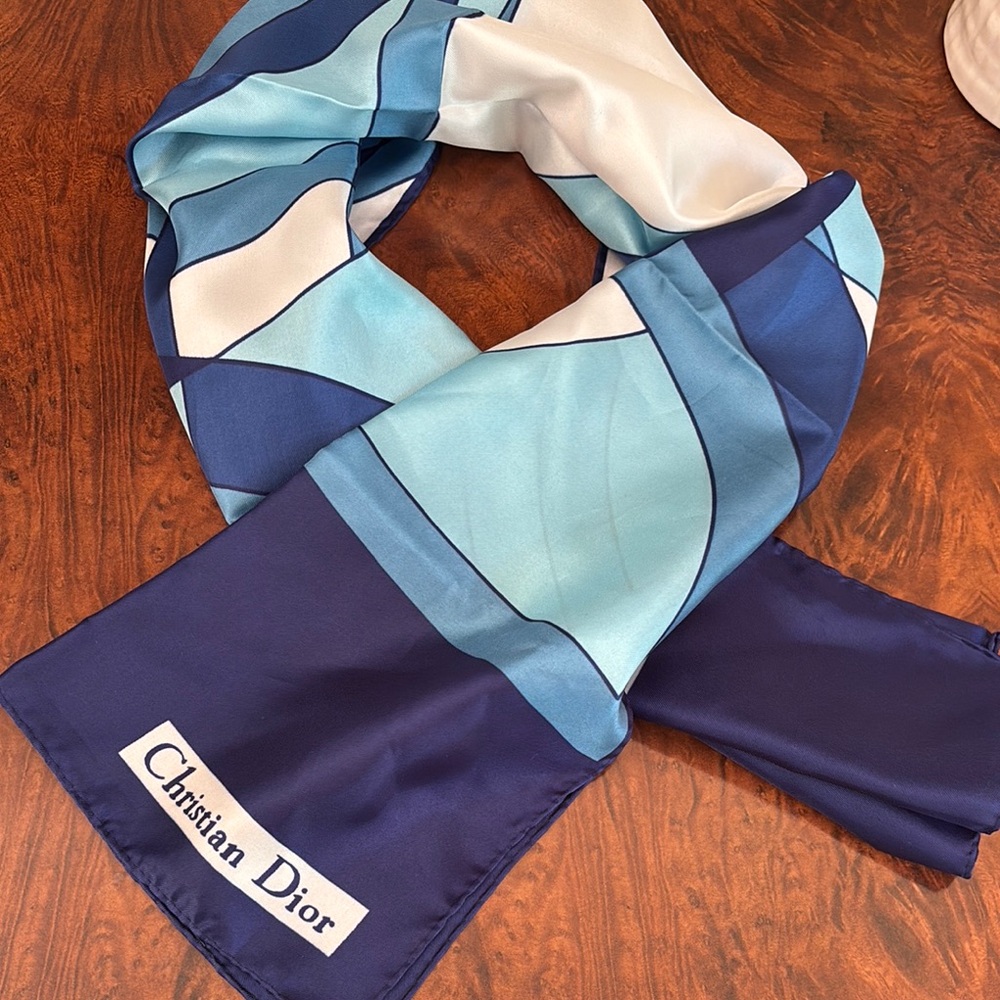 Dior Blue and White Geometric Scarf / Twilly